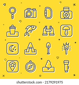 Set line Flashlight, Torch flame, Mushroom, Carabiner, Fish, Trash can, Magnifying glass and Binoculars icon. Vector
