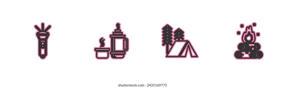 Set line Flashlight, Tourist tent, Thermos container and Campfire icon. Vector
