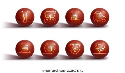 Set line Flashlight, Tree stump, Car, Tiger head, Snail, Rhinoceros, African tree and Chichen Itza Mayan icon. Vector