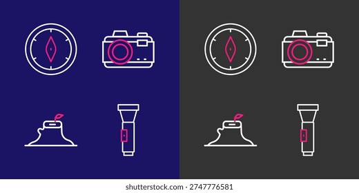 Set line Flashlight, Tree stump, Photo camera and Compass icon. Vector