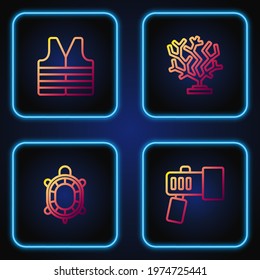 Set line Flashlight, Turtle, Life jacket and Coral. Gradient color icons. Vector