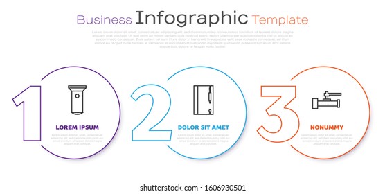 Set line Flashlight, Underwater note book and pencil and Industry metallic pipes and valve. Business infographic template. Vector