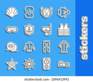 Set line Flashlight, Wetsuit, Life jacket, Diving mask, Anchor inside shield, Scallop sea shell and and snorkel icon. Vector