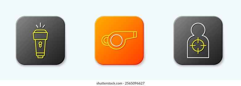 Set line Flashlight, Whistle and Human target sport for shooting icon. Vector