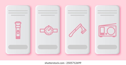 Set línea de linterna, reloj de pulsera, hacha de madera y radio con antena. Botón rectángulo blanco. Vector
