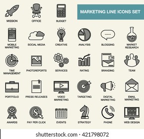 Set of line flat design icons for internet marketing, media and business