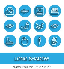 Set line Flat foot, Apple, Tooth with caries, Medical thermometer, Eye drop bottle, Inhaler, Blindness and Insomnia icon. Vector