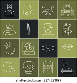 Set Linie Flacher Fuß, Herpes Lippe, Augentropfen, Schlaflosigkeit, medizinisches Thermometer, Schuss, männlicher Arzt und Zahn mit Karies Symbol. Vektorgrafik