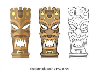 Set of line, flat and shadowed tiki idol statue. Pacifiс island or african tribal mask statue vector illustration. Islands God faces in linework, cartoon and flat variations.