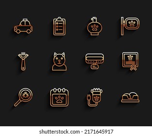 Set Line Flea Search, Calendar Grooming, Pet Car Taxi, Hair Clipper Pet, Bed, Cat, Certificate For Dog Or Cat And Collar With Name Tag Icon. Vector