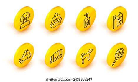 Set line Flea search, Dog, Towel stack, Pet car taxi, Dental hygiene for pets, shampoo, carry case and  icon. Vector
