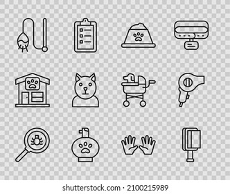 Set line Flea search, Hair brush for dog and cat, Pet food bowl, shampoo, toy, Cat, Medical rubber gloves and dryer icon. Vector