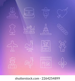 Set line Fleur De Lys, Windmill, French baguette bread, Scooter, cafe, Mannequin, Fountain and Eiffel tower icon. Vector
