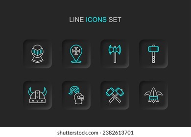 Set line Fleur de lys or lily flower, Crossed battle hammers, Medieval helmet, Viking in horned, Battle, poleaxe, Crusade and  icon. Vector