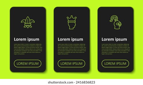 En la línea Fleur de lys o flor de lirio, corona del rey y casco medieval. Plantilla de infografía empresarial. Vector
