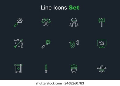 Set line Fleur de lys or lily flower, King with crown, Medieval sword, flag, Trumpet, Mace spikes and bow and arrow icon. Vector
