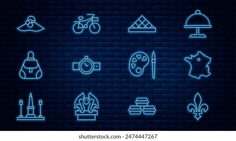 Set line Fleur De Lys, Map of France, Louvre museum, Wrist watch, Handbag, Elegant women hat, Paint brush with palette and Bicycle icon. Vector