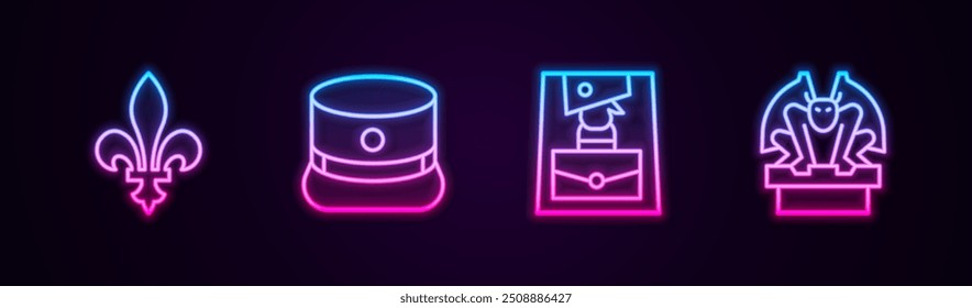 Set line Fleur De Lys, Kepi, Handbag and Gargoyle on pedestal. Glowing neon icon. Vector