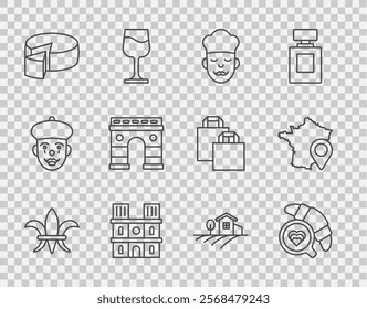 Set line Fleur De Lys, Coffee cup with croissant, Cook, Notre Dame de Paris, Cheese, Triumphal Arch, Village landscape and Map France icon. Vector