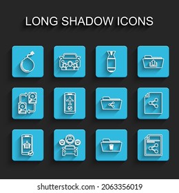 Set line Flight mode in the mobile, Car sharing, Bomb ready to explode, Delete folder, Share file,  and  icon. Vector
