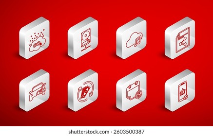 Set line Flight mode in the mobile, Hard disk drive on sharing network, Music streaming service, Share file, Financial calendar, CO2 emissions cloud, Refund money and Car icon. Vector