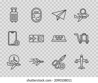 Set line Flight time, Plane, Paper airplane, Suitcase, Airline ticket, No scissors and Trolley baggage icon. Vector