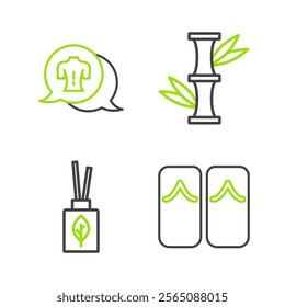 Set line Flip flops, Aroma diffuser, Bamboo and Massage icon. Vector