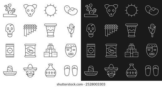 Set line Flip flops, Aztec mask, Corn, Sun, Pan flute, Skull, Cactus and Mexican drum icon. Vector