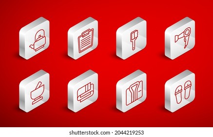 Set line Flip flops, Bathroom scales, Sauna brush, Hair dryer, Bathrobe, Kettle with handle, Towel stack and Mortar pestle icon. Vector
