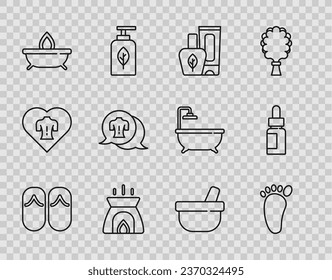 Set line Flip flops, Foot massage, Ointment cream tube, Aroma candle, Massage, Mortar pestle and Essential oil bottle icon. Vector