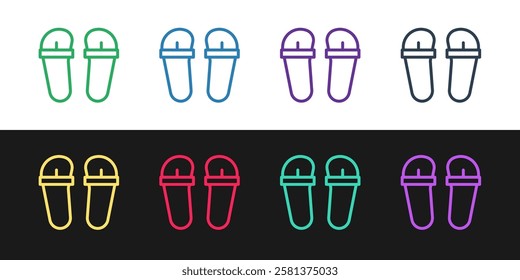 Set line Flip flops icon isolated on black and white background. Beach slippers sign.  Vector