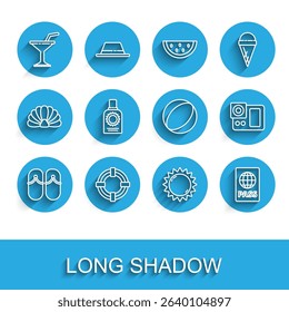 Set line Flip flops, Lifebuoy, Martini glass, Sun, Passport, Sunscreen spray bottle, Photo camera and Beach ball icon. Vector