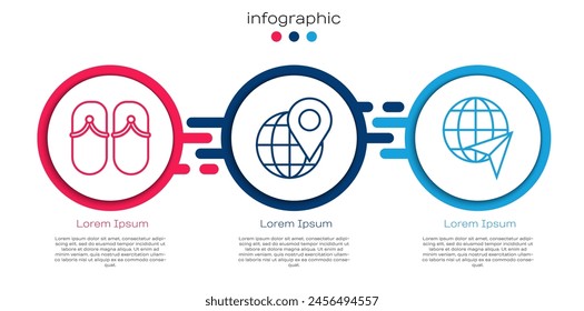 Set line Flip flops, Location on the globe and Globe with flying plane. Business infographic template. Vector