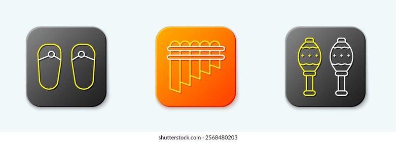 Set line Flip flops, Pan flute and Maracas icon. Vector