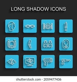 Fijar la línea Flippers para nadar, el capó de buceo, el buceador Flashlight, arpón de pesca, cuchillo, chaleco salvavidas e icono. Vector