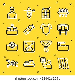 Set line Flippers for swimming, Diving board springboard, Sport mechanical scoreboard, Aqualung, Water gymnastics, Swimmer and Swimsuit icon. Vector
