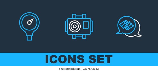 Set line Flippers for swimming, Gauge scale and Photo camera diver icon. Vector