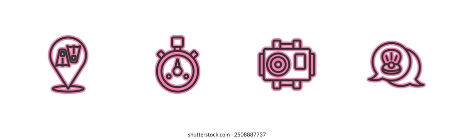 Set line Flippers for swimming, Photo camera diver, Stopwatch and Scallop sea shell icon. Vector