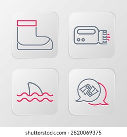 Set line Flippers for swimming, Shark, Flashlight diver and Boots icon. Vector