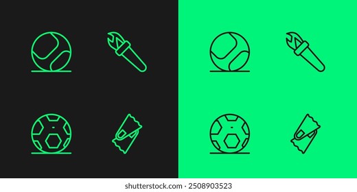 Set line Flippers for swimming, Soccer football ball, Baseball and Torch flame icon. Vector