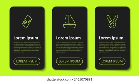 Set line Flippers for swimming, Yacht sailboat and Medal. Business infographic template. Vector