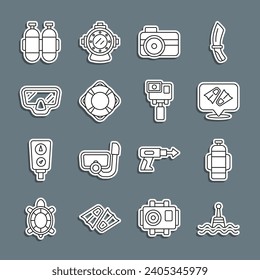 Set Line Floating booy, Aqualung, Flippers zum Schwimmen, Foto-Kamera-Taucher, Lifebuoy, Tauchmaske und Action extreme Symbol. Vektorgrafik