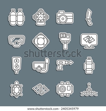 Set line Floating buoy, Aqualung, Flippers for swimming, Photo camera diver, Lifebuoy, Diving mask,  and Action extreme icon. Vector