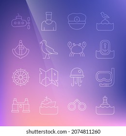Set line Floating buoy, Diving mask and snorkel, Location with anchor, Captain hat, Bird seagull, Anchor, Submarine and Crab icon. Vector