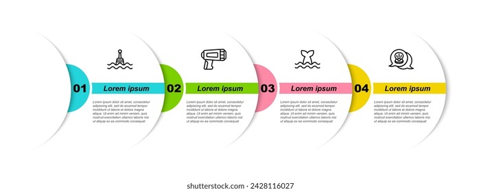Set line Floating buoy, Flashlight for diver, Whale tail and Scallop sea shell. Business infographic template. Vector
