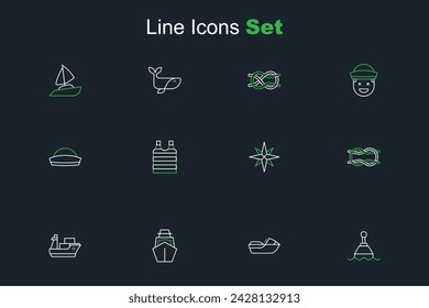 Set line Floating buoy, Jet ski, Yacht sailboat, Cargo ship, Nautical rope knots, Wind rose, Striped sailor t-shirt and Sailor hat icon. Vector