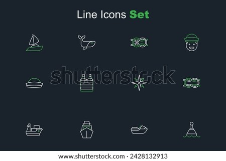 Set line Floating buoy, Jet ski, Yacht sailboat, Cargo ship, Nautical rope knots, Wind rose, Striped sailor t-shirt and Sailor hat icon. Vector