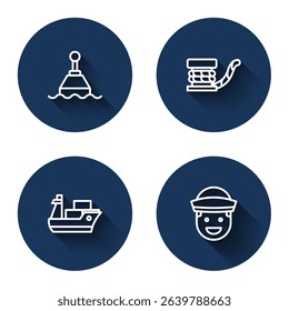 Set line Floating buoy, Marine bollard with rope, Cargo ship and Sailor with long shadow. Blue circle button. Vector