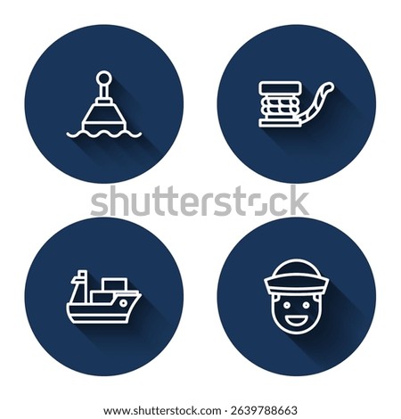 Set line Floating buoy, Marine bollard with rope, Cargo ship and Sailor with long shadow. Blue circle button. Vector