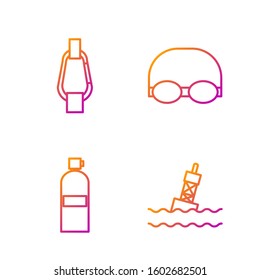 Set line Floating buoy on the sea, Aqualung, Carabiner and Glasses and cap for swimming. Gradient color icons. Vector